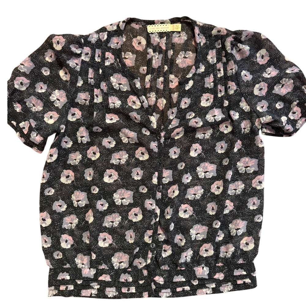Pins and Needles Floral Polka Dot Sheer Button‎ Front Blouse Black Purple XS TP
